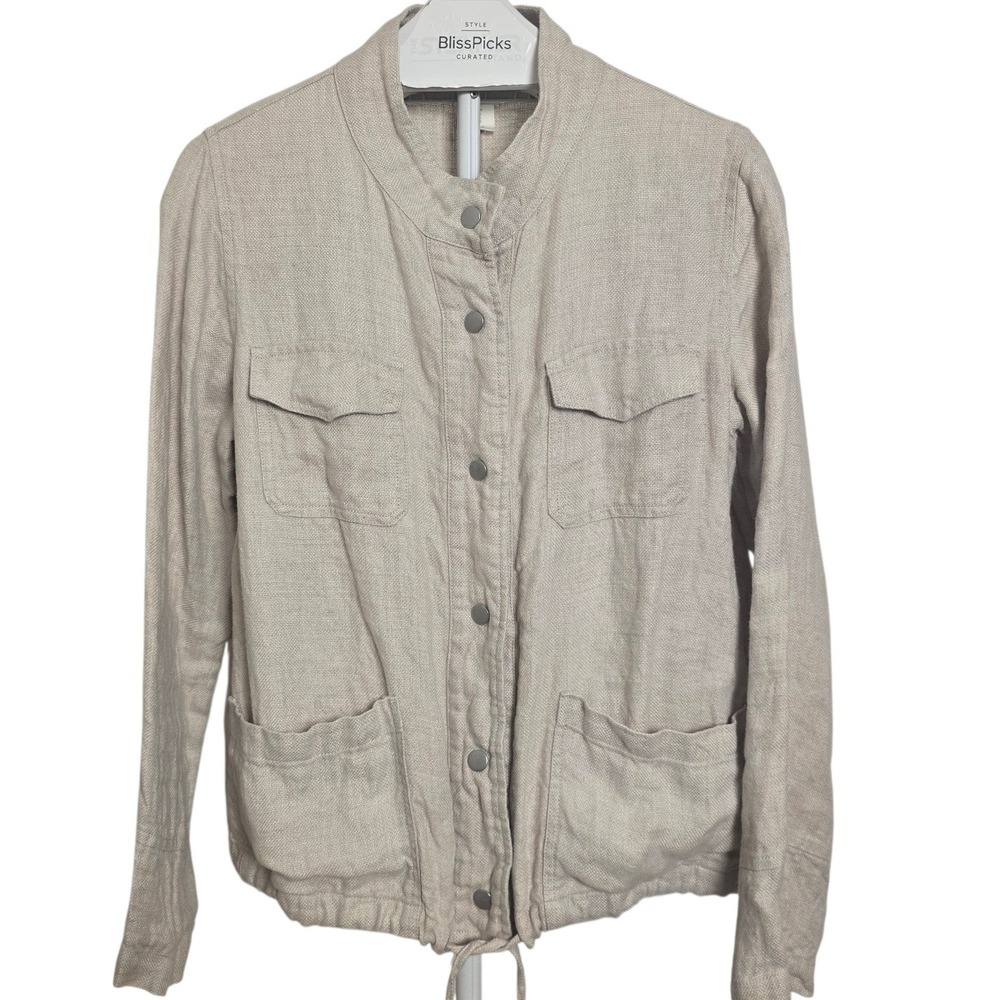 C&C California‎ Linen Utility Jacket Snap Front Drawstring Beige Womens Small